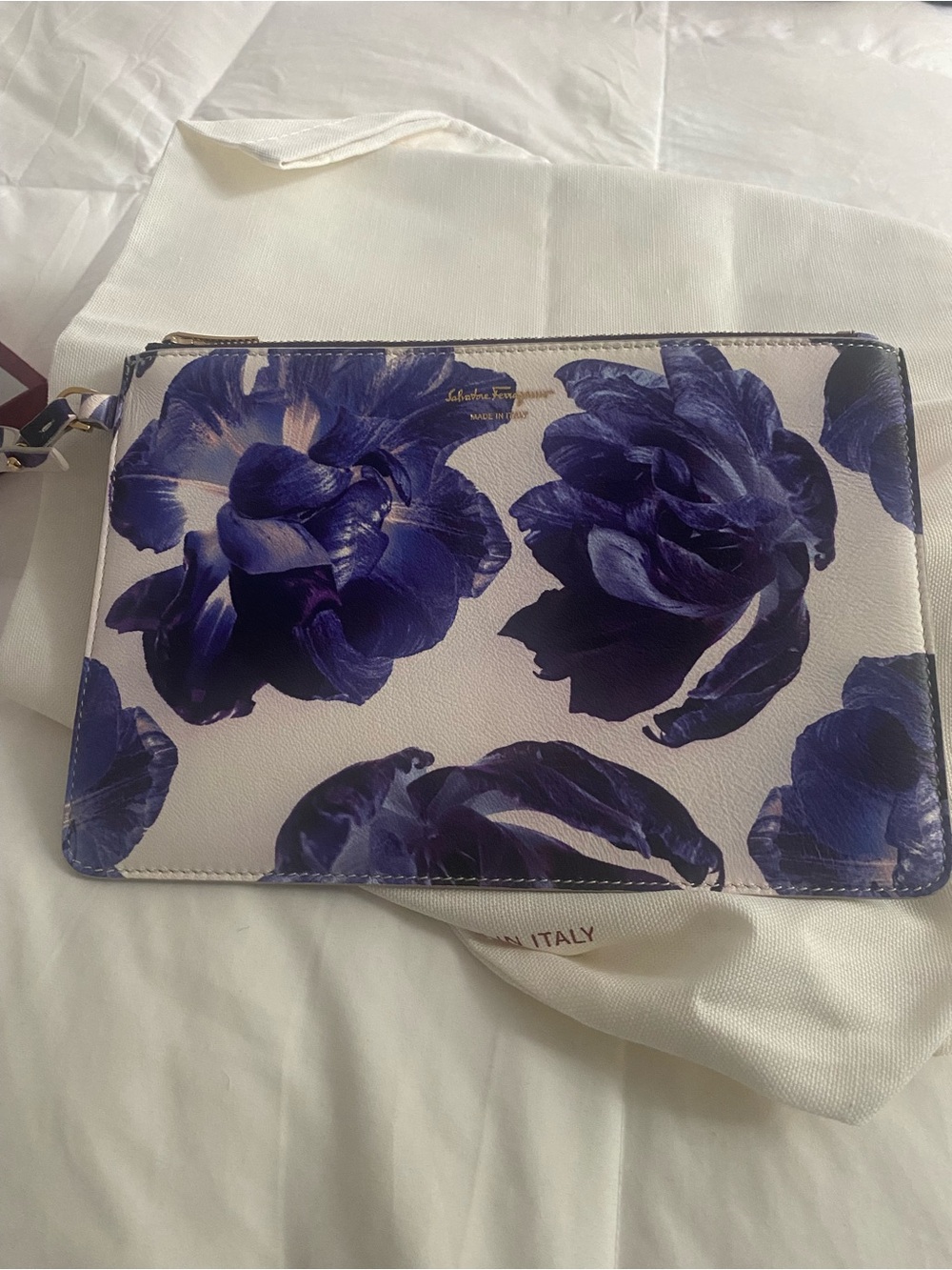 Salvatore Ferragamo White Wristlet with Indigo Floral Print